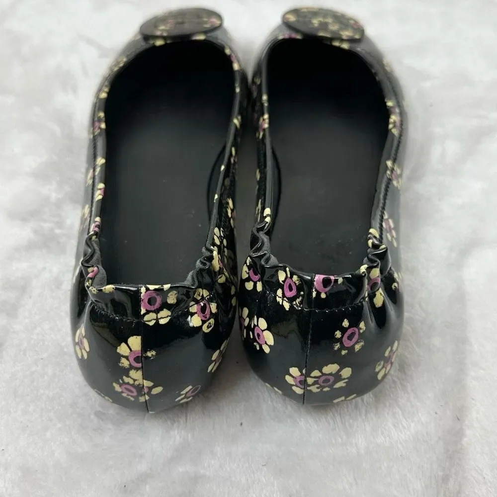Tory Burch Women's 9‎ Patent Leather Floral Print Ballet Flat Black Daisy Print